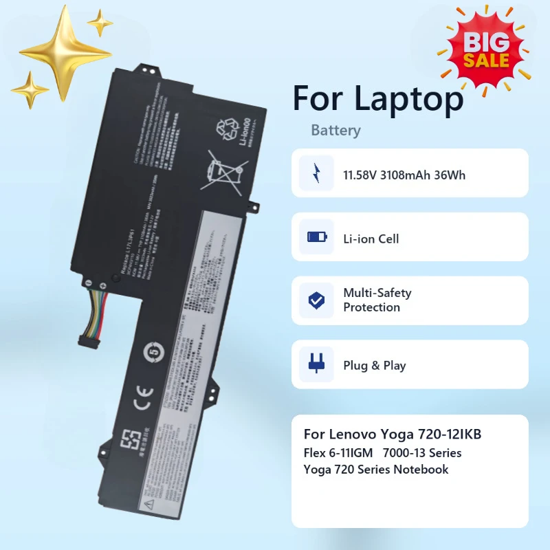 L17L3P61 11.58V 3108mAh 36Wh Li-ion Replacement Laptop Battery for Lenovo Yoga 720-12IKB Flex 6-11IGM 7000-13 Series Notebook
