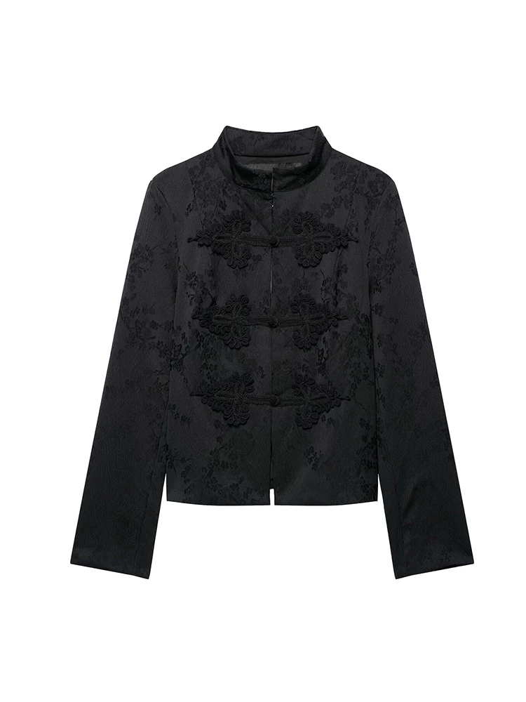 2026 Autumn Women's Fashionable Jacket Stand Up Collar Short Coat Chic Knot Button Decoration Long Sleeved Jacket Lady Outfit