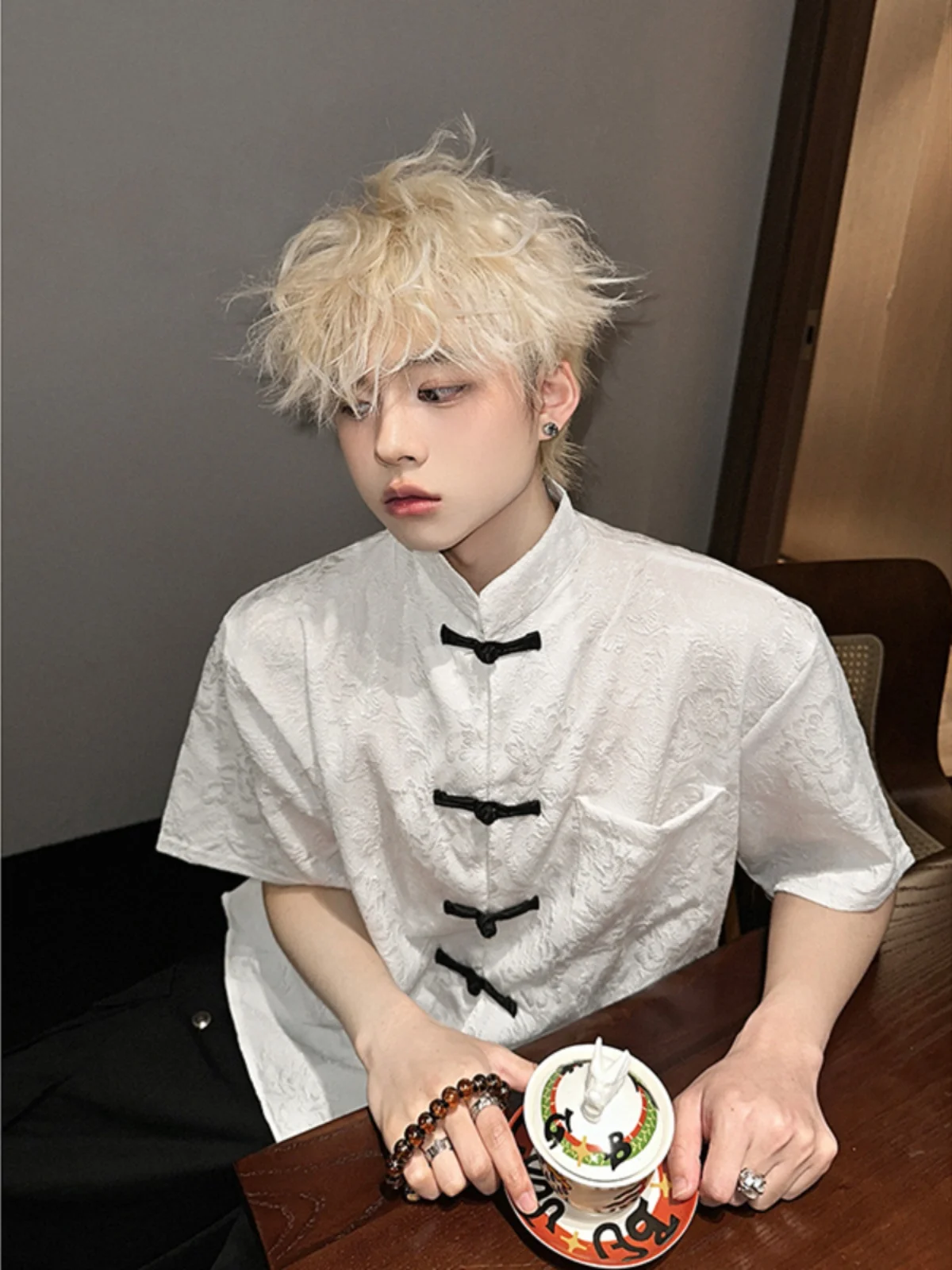 

New Chinese Sle ort Sve irt Men's Summer Casual Design Sensation Five-Button Cuffs Breathable Polyester/Nylon Blend ...