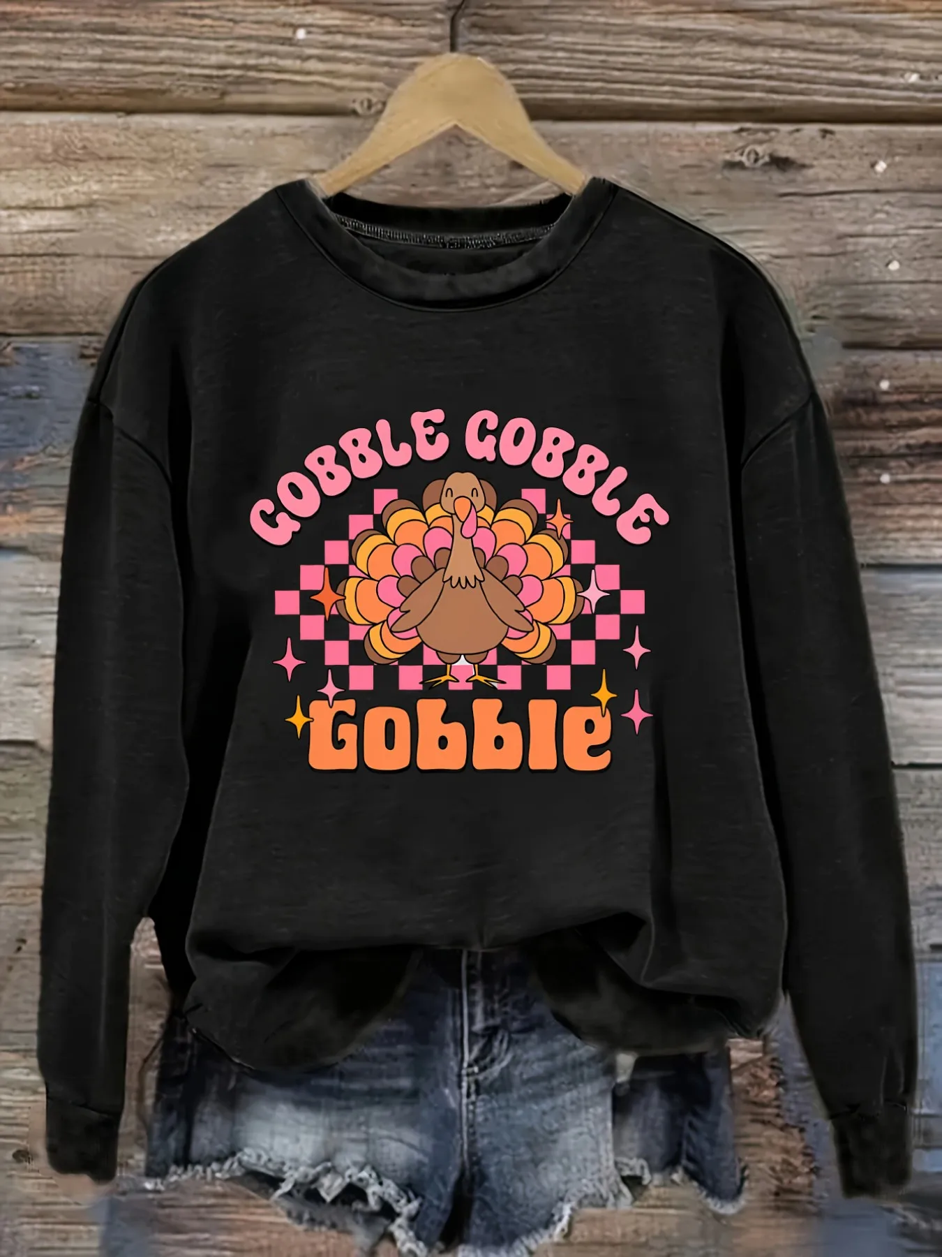 Women's Casual Long Sleeve Crew Neck T-Shirt Gobble Gobble Gobbie Turkey Print Design, Round Neck Women's Clothing, Machine Washable, Slightly Elastic, Loose Fit, Spring Autumn Winter Women's T-Shirt, Halloween Costume Outfit