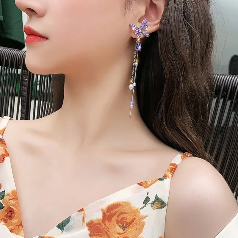 FTCY Purple Butterfly Tassel Earrings for Women Crystal Simulation Pearl Tassel Stud Earrings Women's Party Jewelry Gift