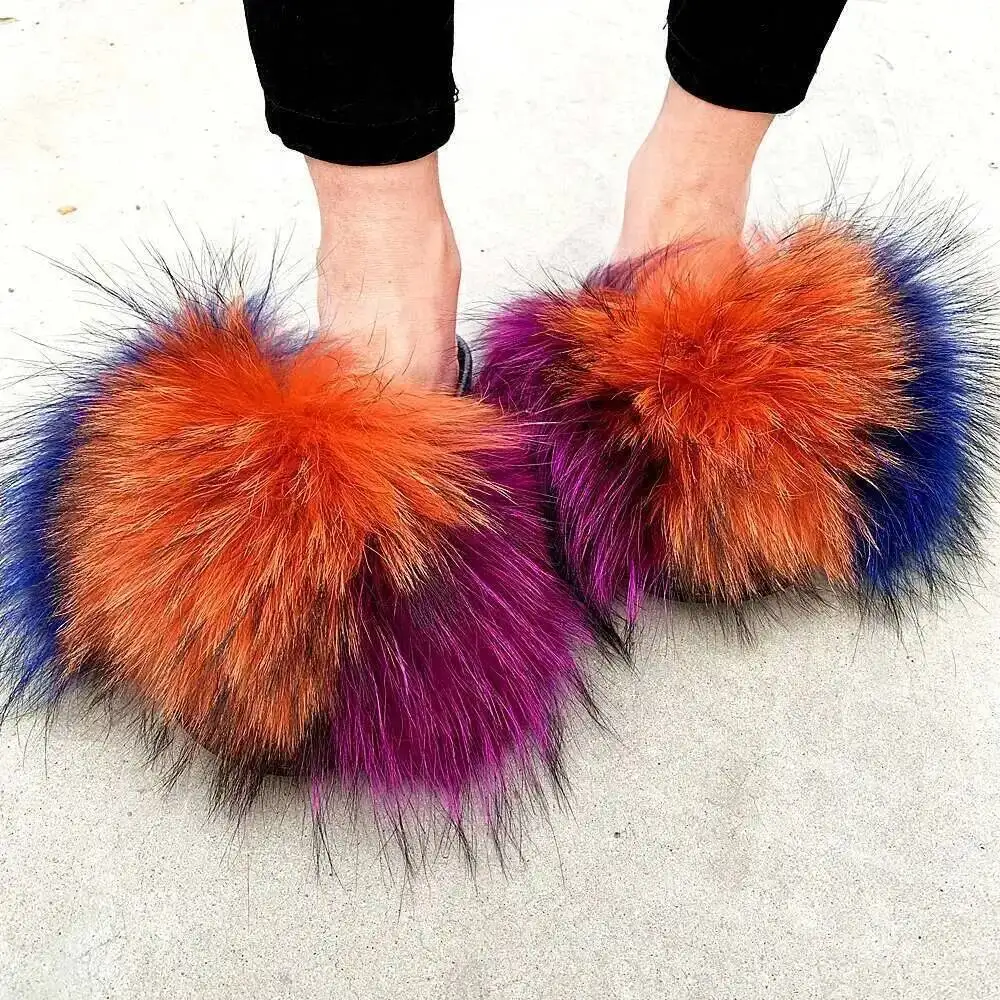 Women Summer New Real Fox Fur Fuzzy Slippers Indoor Outdoor Fashion Furry Flat Slides Raccoon Fur Beach Fashion House Shoes - Image 2