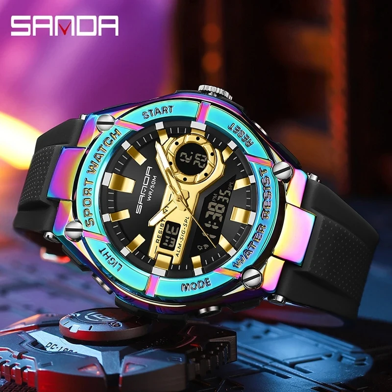 

SANDA Mens Watches Waterproof Sports Dual Display Quartz Watch for Men Analog Digital Wristwatch Stopwatch Date Male Clock