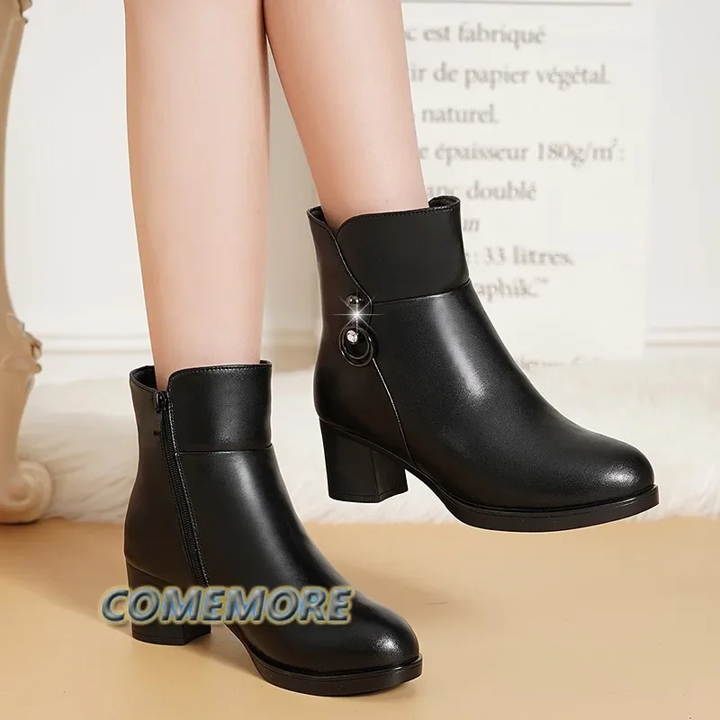 2023 NEW Fashion Soft Leather Women Elegant Ankle Boots High Heels Zipper Shoes Warm Wool Winter Boots for Women Plus Size 35-41