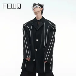 FEWQ Niche Metal PU Leather Shoulder Pad Suit Jacket Line Design 2024 Single Breast Line Decoration Male Blazer 24E2720