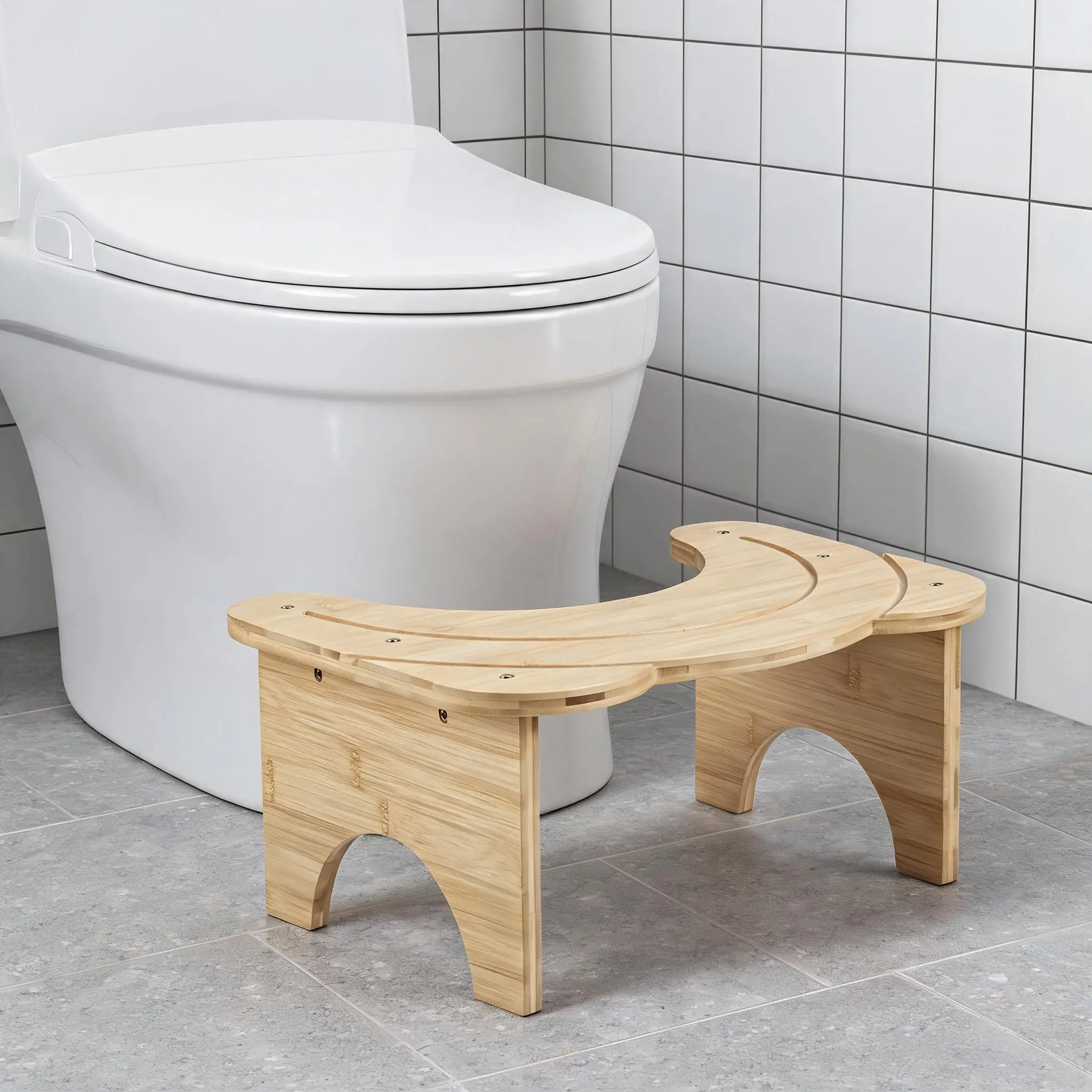Sgabello da bagno in legno di bambù, design a orecchio di gatto, robusto sgabello ergonomico in legno di bambù marrone per una postura naturale durante l'uso del bagno