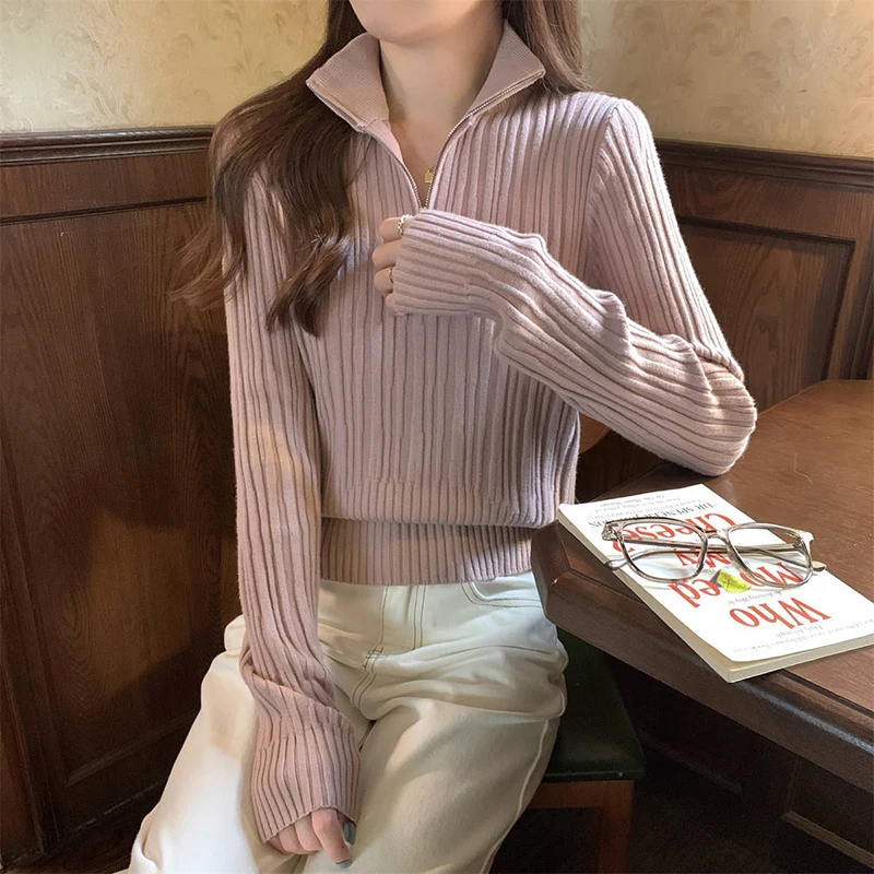 

Korean High Quality Stand Collar Pullovers Sweater Women Popular Half-Zipper Thicken Knitted Sweater Autumn Street Woman Clothes