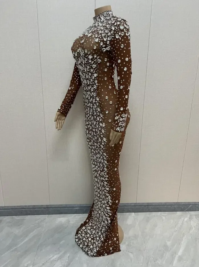 Crystals Transparent Diamond Dress Evening Birthday Celebrate Luxurious Costume Dancer Flashing Dress