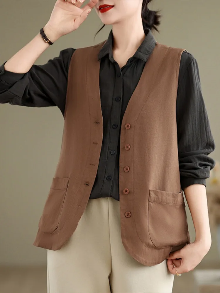 

Повседневный тонкий хлопковый льняной жилет, женский осенний свободный жилет с v-образным вырезом, многослойный льняной топ, модный