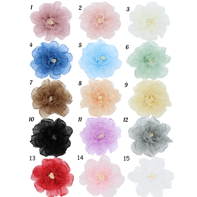 High Quality Handmade Organza Flower Bud Wholesale Multi-color DIY Flower Hair Clip Brooches Girl Dance Show Hairpin Flower Head