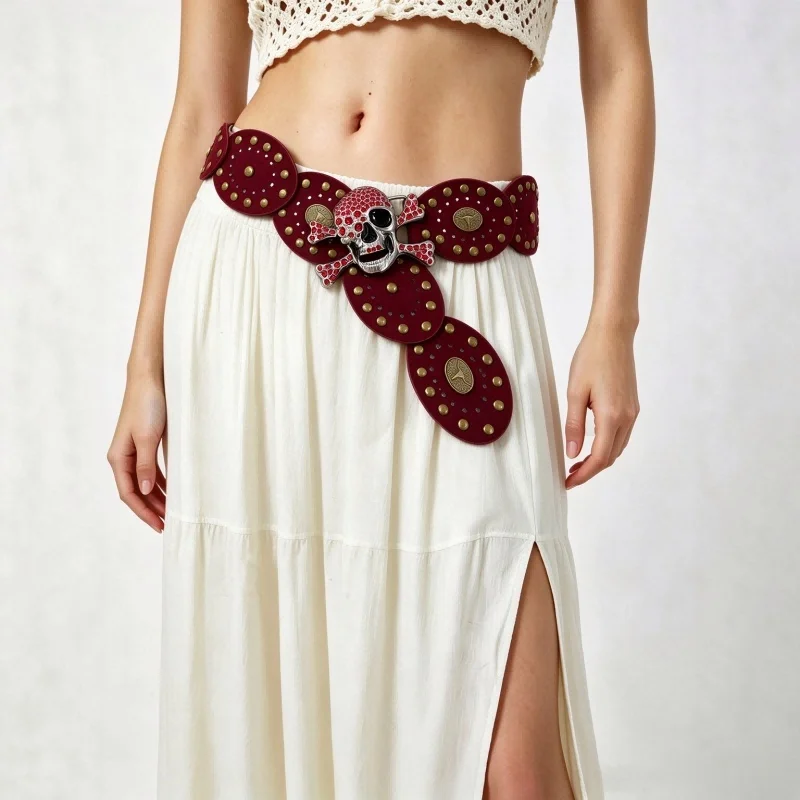 1 piece of women's waist belt with thin velvet rivets, rhinestone punk fashion, versatile and suitable for daily commuting