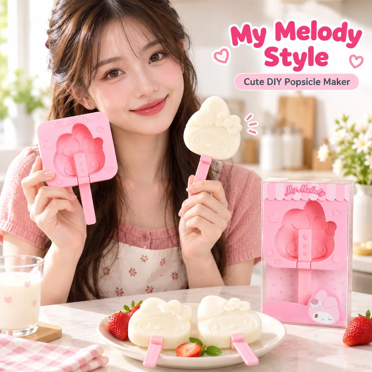 Sanrio Silicone Ice Pop Mold Food Grade Reusable Cartoon Popsicle Maker DIY Ice Cream Mould Easy Release