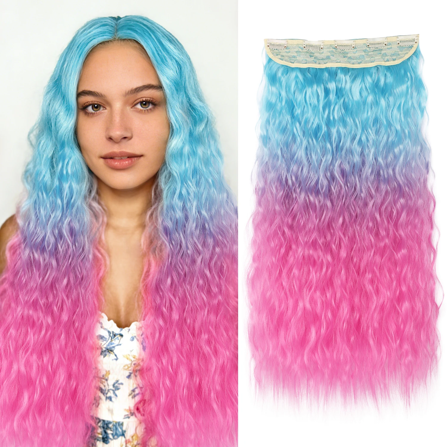 

Синтетические накладные волосы-клипсы, цельные, омбре: небесно-голубой до ярко-розового, 22 дюйма, разноцветные, на клипсах, различные стили, волна «вода»
