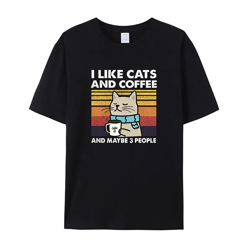 Summer Fashion Cute Cat Drinking Coffee Round-neck Loose T-Shirt Short Sleeve for Men Women Kids - Casual Unisex Tee