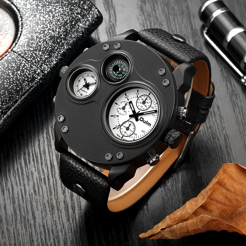 Oulm Men's Dual Time Zone Quartz Watch - Bold Large Dial, Stylish and Unique Design, Accurate Movement, Comfortable Watch - Suitable for Global Travelers and Fashion Enthusiasts, the Best Gift for Him