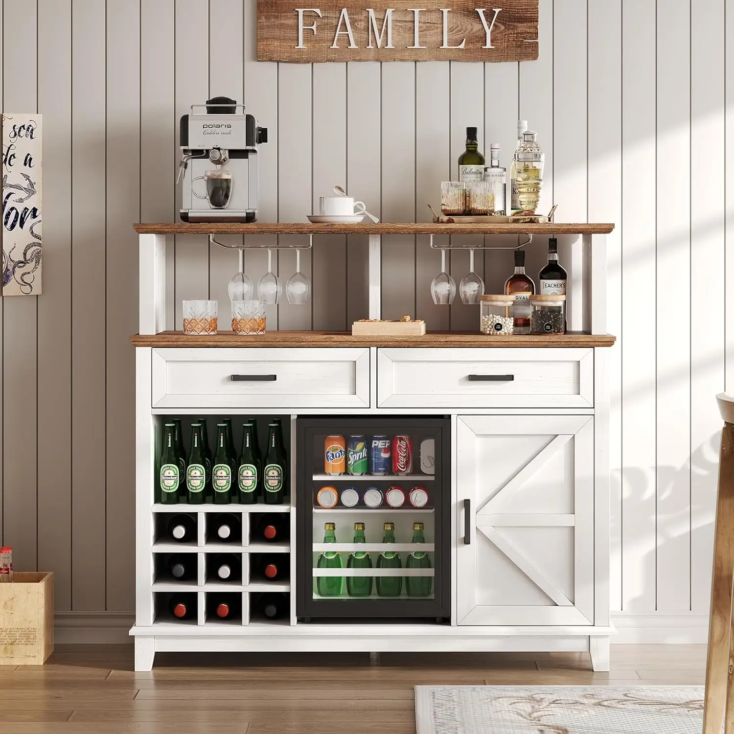 

47" Coffee Bar Cabinet with 15" Fridge Wine Rack Glass Holder Drawers Shelves Buffet Sideboard Dining Living Room, Custom