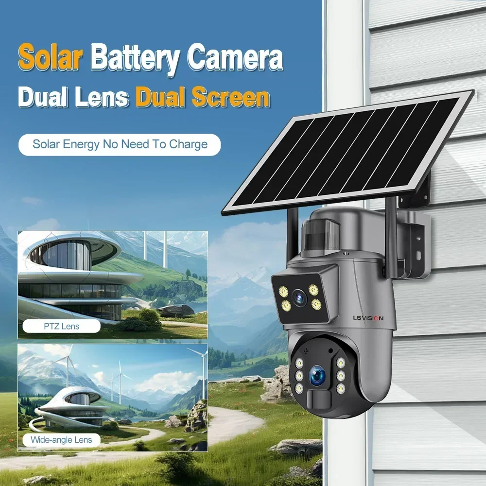 LS VISION 8MP 4G Sim Solar Camera Dual Screen Outdoor 4K WiFi Dual Lens Red Blue Light Alarm Auto Tracking Security Camera Ubox