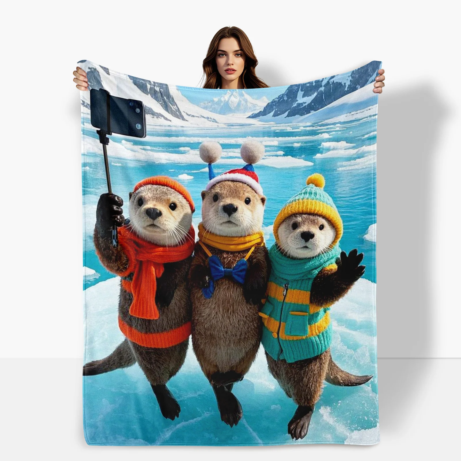 Whimsical Otter Glacier Themed Blanket For Fun Selfie Moments Cozy Plush Throw For Home Decor And Unique Gift Idea For All Ages