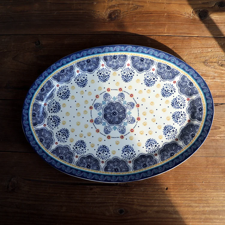 

Blue Floral Cerc Oval Platter Long Rectangle Japanese Cuisine Dim Sum BBQ Fi Plate Chinese Sle Flat Di Glazed under ...