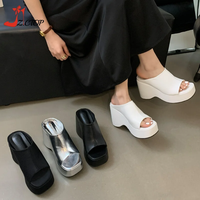 

White Platform Sandals Women 10cm Chunky Heeled Slippers Summer Fashion Wedge High Heels Woman Shoes Black Silver