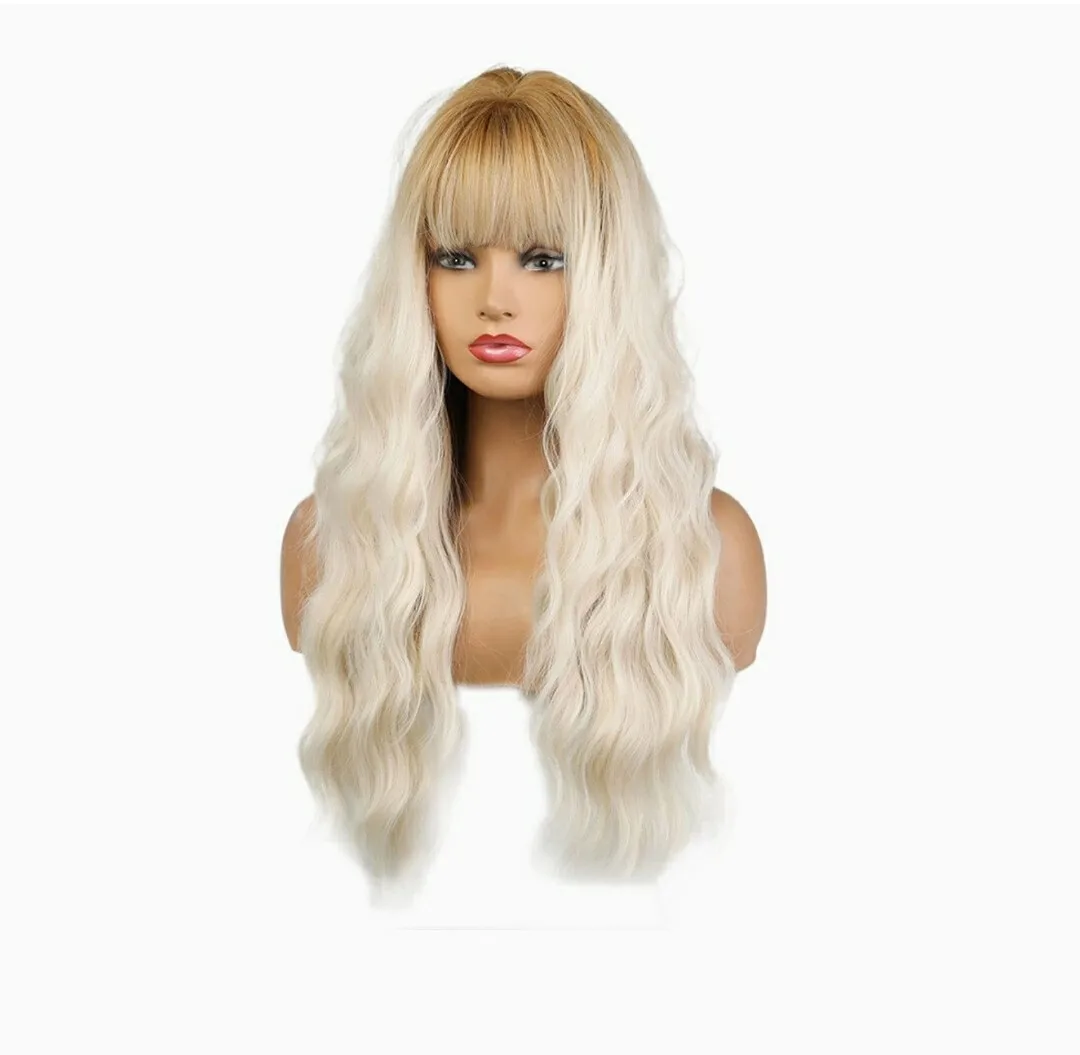 

Golden Platinum BLONDE Wig Multicolor Wavy Curly bangs layers Blended Hair wigs