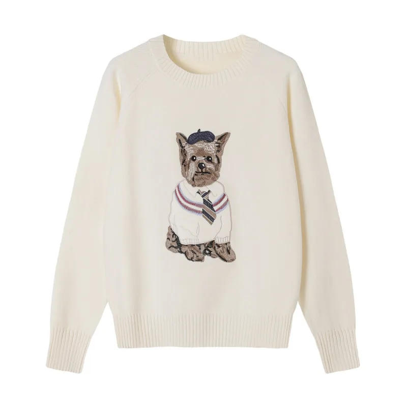 

High Quality Spring Autumn Cartoon Puppy Embroidered Knitted Pullover Sweater For Women Fashionable Elegant Base Knitwear Tops