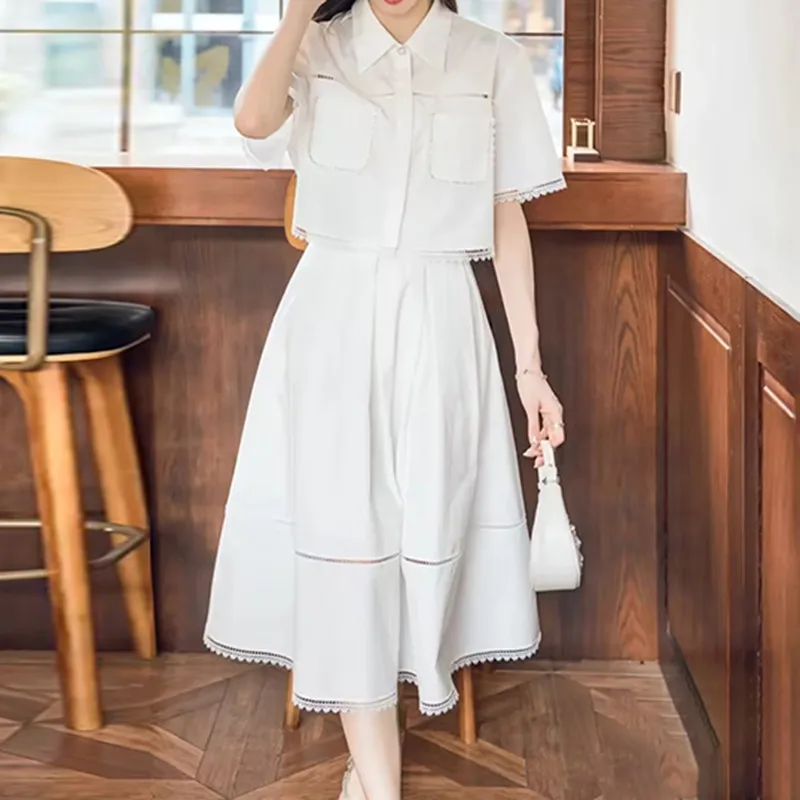 ECR Elegant Solid Two Piece Sets For Women Lapel Short Blouses High Waist A Line Dress Casual Loose Sets Female Fashion Clothing