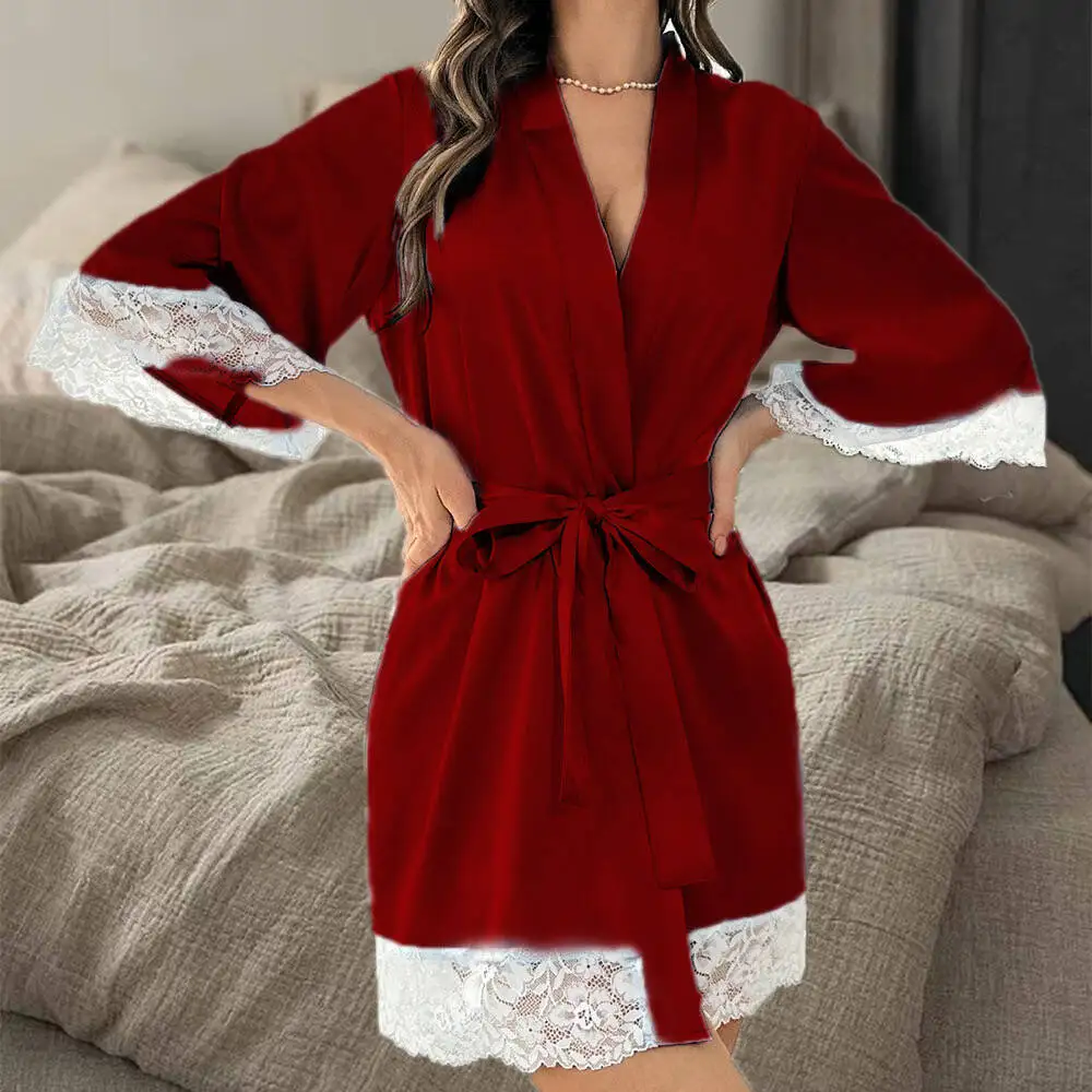 Deep Red Bath Robe Featuring Beautiful White Lace Trim And Matching Self Tie Belt Women Long Sleeve Housecoat Clothing Set