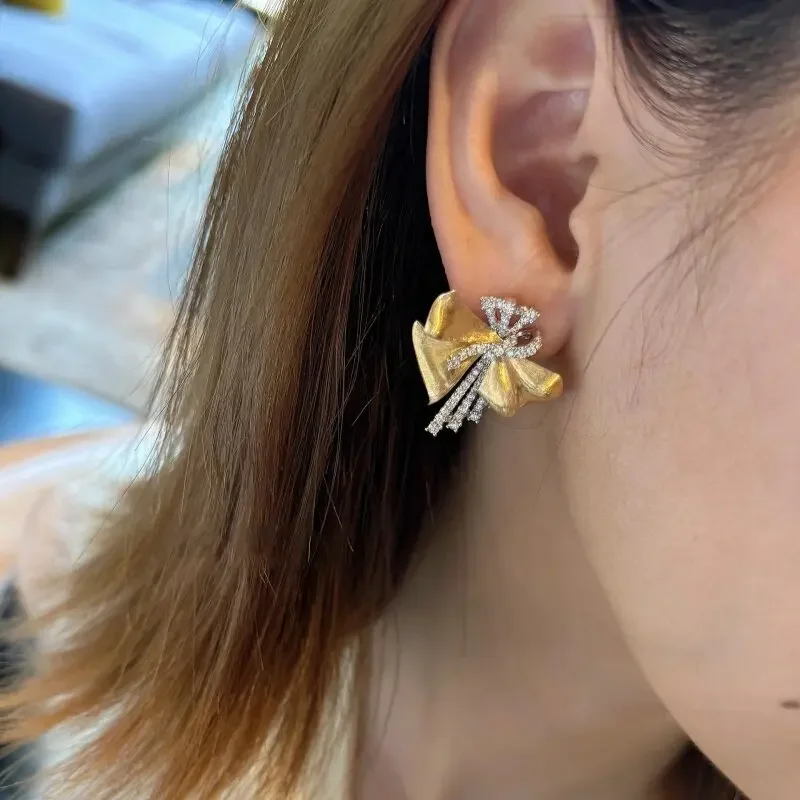 Classic irregular wire drawing bowknot earrings exquisite wedding light luxury earrings for women copper inlaid zircon jewelry