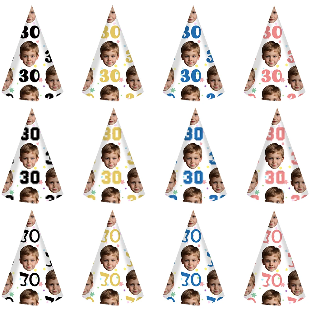 6pcs Custom Your Age and Photo Face Hats Personalized Birthday Hats Paper Hat Headware for Birthday Party Supplies