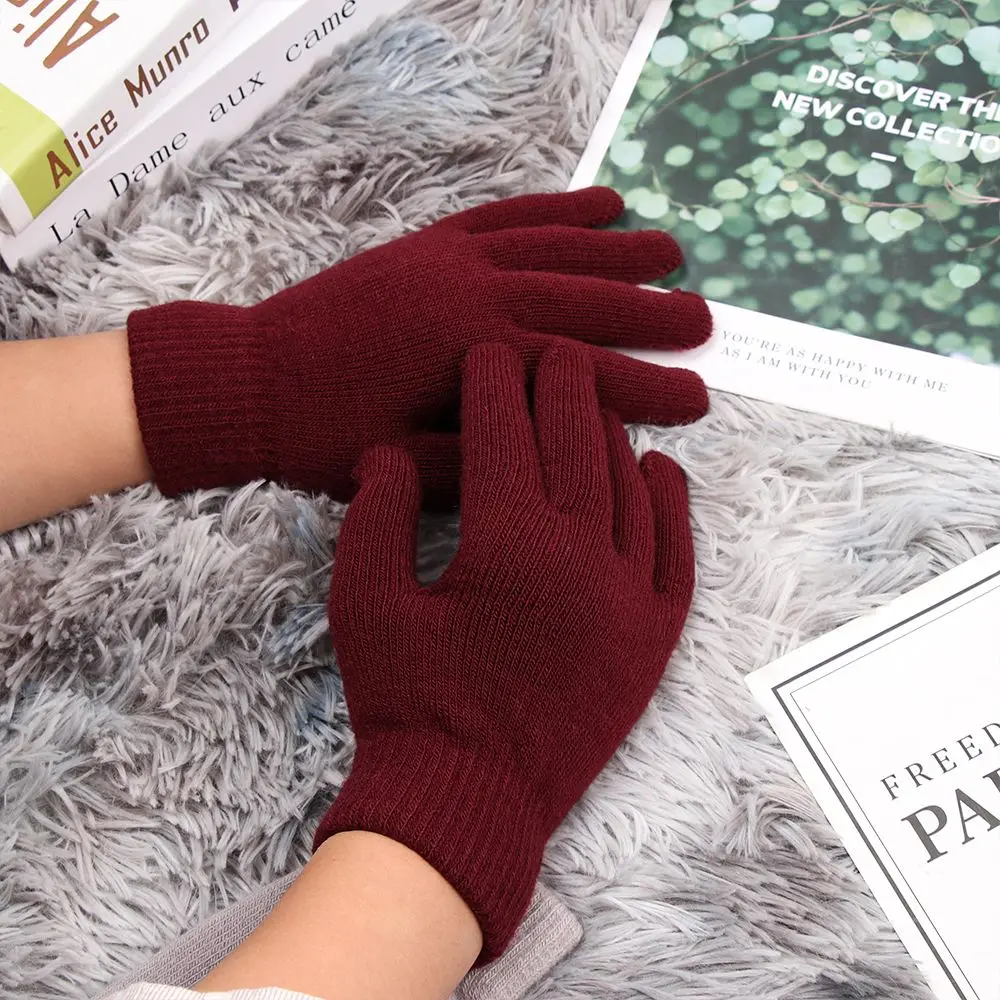 Women Men Unisex Winter Ribbed Knitted Full Fingered Gloves Basic Thicken Plush Lining Mittens Magic Thermal Wrist Warmer