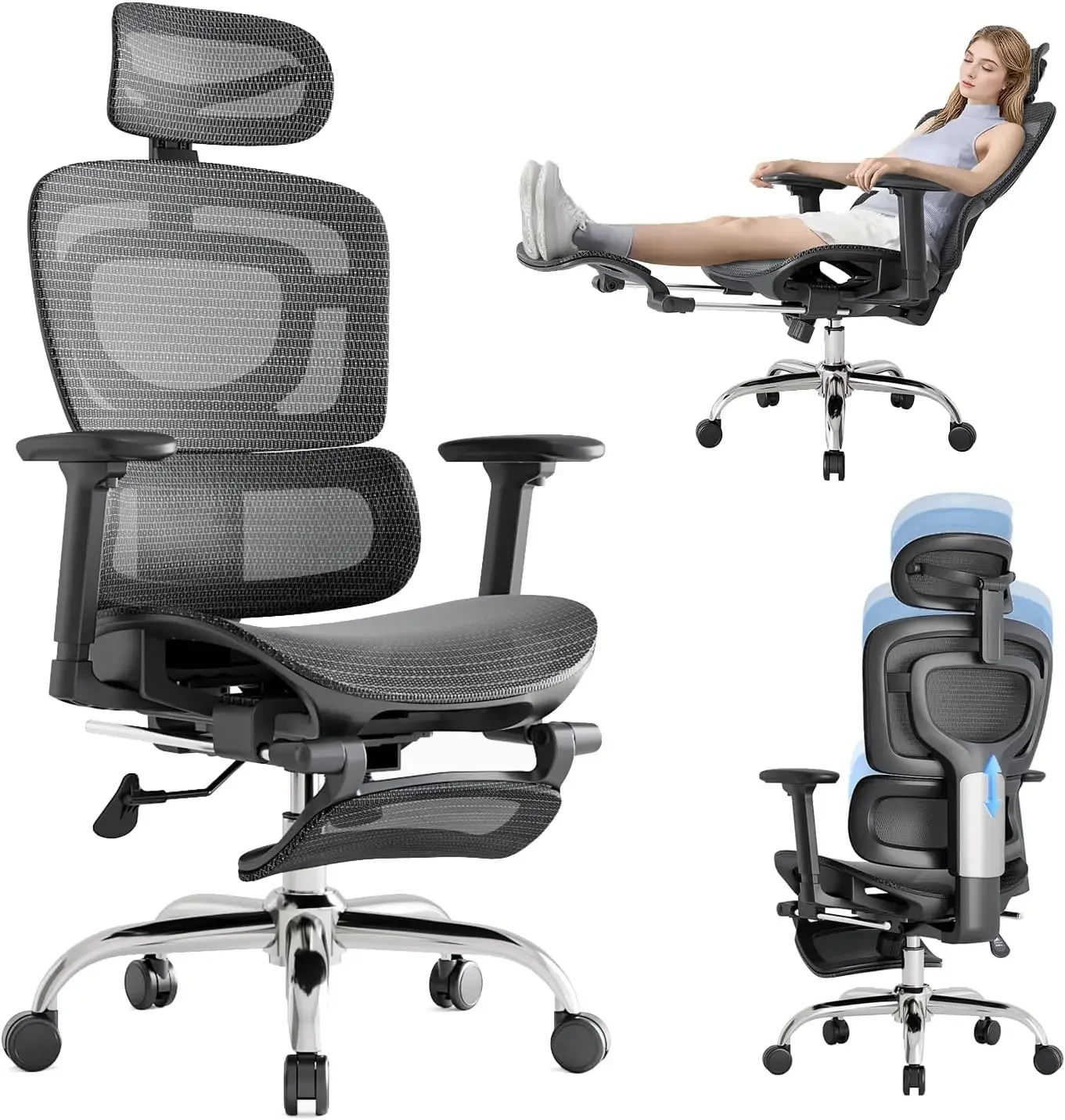 Breathable Mesh Chair with Adaptive Lumbar Support, 3D Headrest, Armrests, Retractable Footrest, and a Six-Position Adjustable