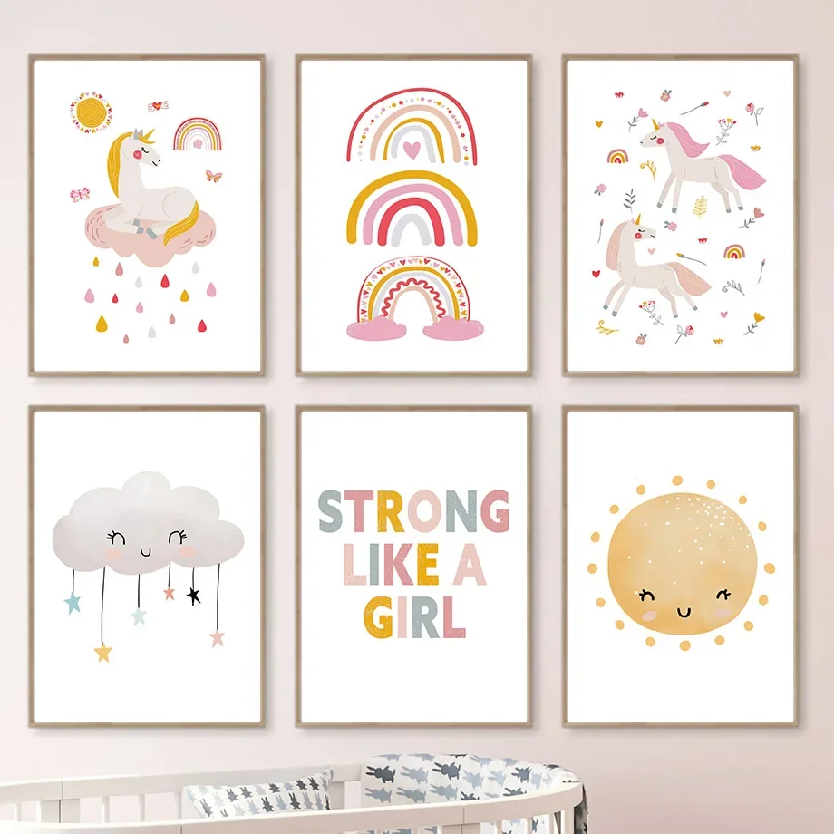 Kawaii Cartoon Unicorn Rainbow Sun Cloud Canvas Wall Art Print - Nursery Kids Girls Room Decor