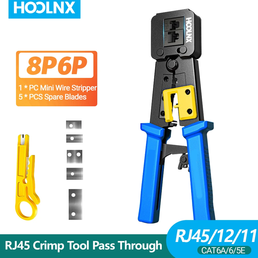 Hoolnx RJ45 Crimp Tool Pass Through Ethernet Crimper Cutter Stripper for Cat5e Cat6 RJ45/RJ12 Regular and End Pass Through Plugs