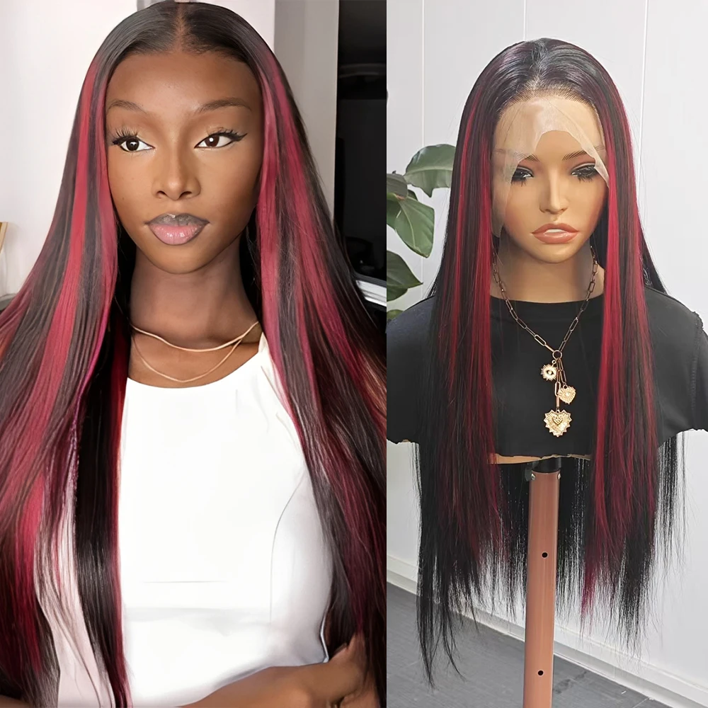 Burgundy Black Mixed Highlights Hair Long Straight Synthetic Lace Front Wigs for Women Wear Free Part Mix Colored Wigs for Daily