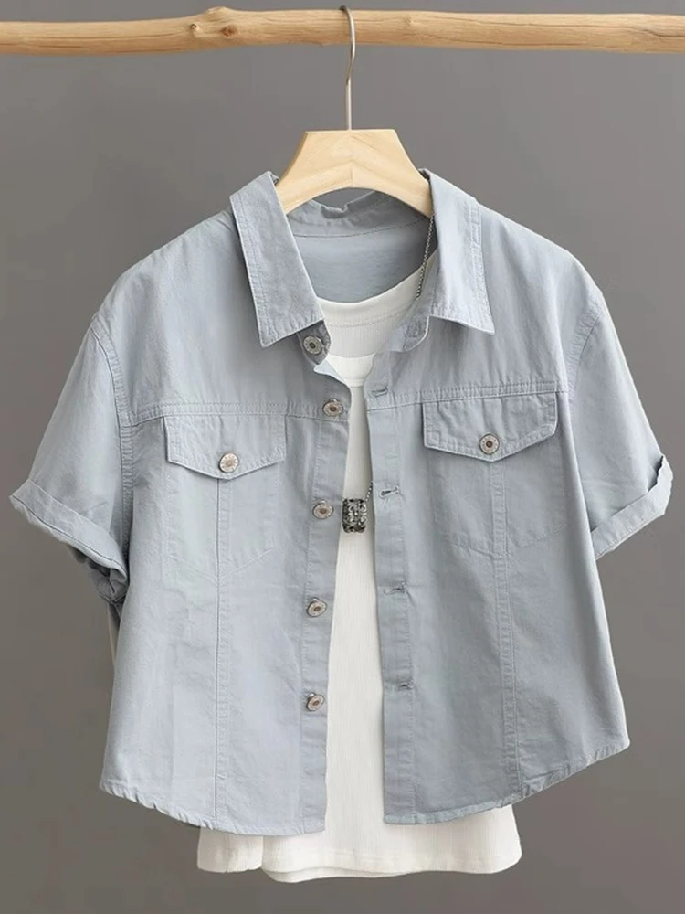 

Korean Sle Collar Single Button Unique Sun Protection Denim irt Pure Color Simple ort Sve Outerwear Elely