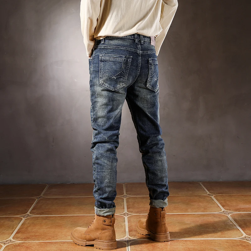 Designer Street Fashion Embroidered Men's Jeans Vintage Blue Elastic Slim Fit Ripped Small Straight Leg Jeans Hombre