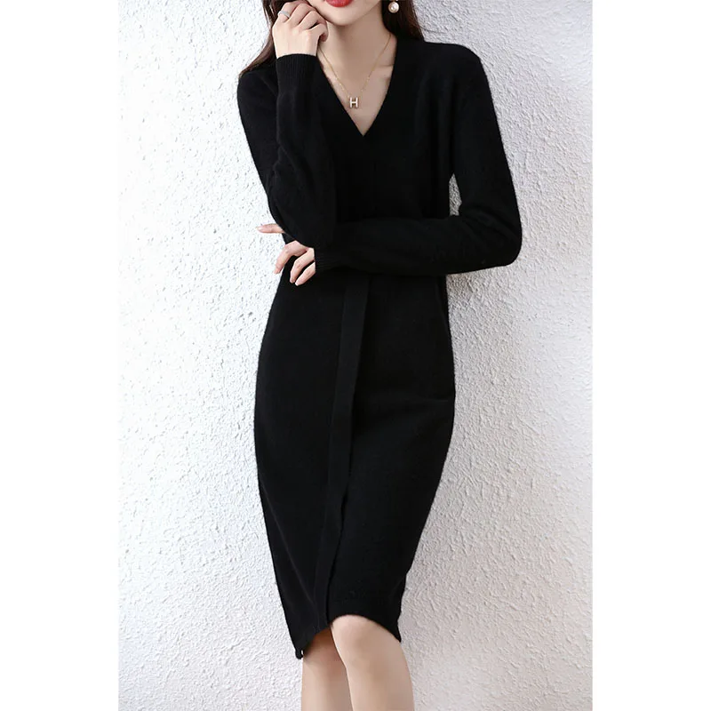 New Ladies Cashmere Dress V Neck Long Sleeve Knit Fashion Elegant Long Sweater Solid Color Pullover Women 100% Wool Dress