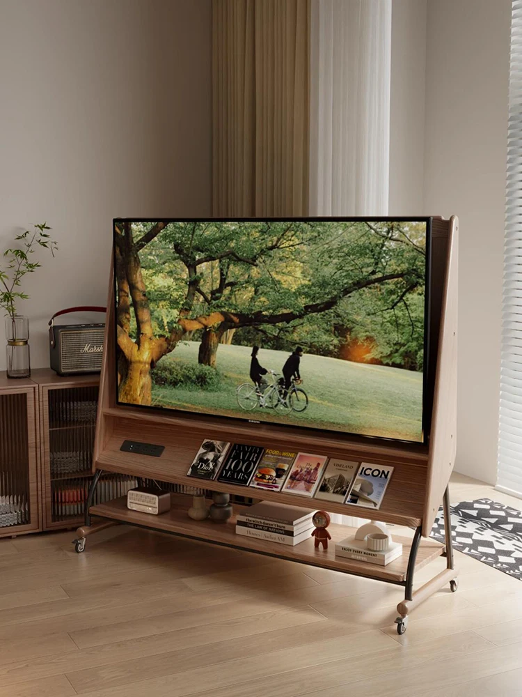 Solid wood medieval TV living room household small apartment extremely narrow ultra-thin floor removable creative TV bracket