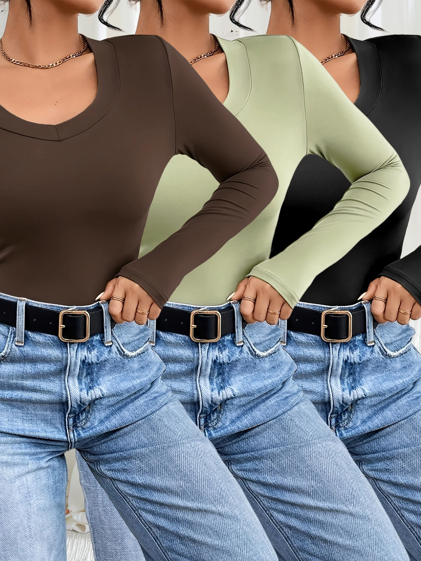 

Fashion new women's solid color hot-selling V-neck long-sleeved T-shirt three-piece set