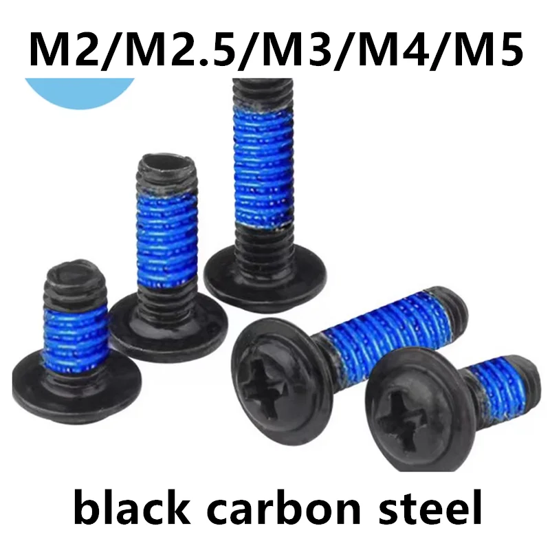 

M2M2.5M3M4M5 black carbon steel phillips flat head washer screw anti-loose paint treatment spot blue glue screw1170