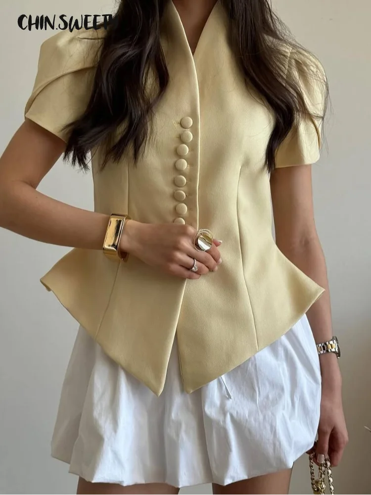 Elegant Women's Irregular Shirts Short Sleeve Waist-Closed Button V-Neck Lady Top 2026 Spring Summer Chic Female Street Outwear