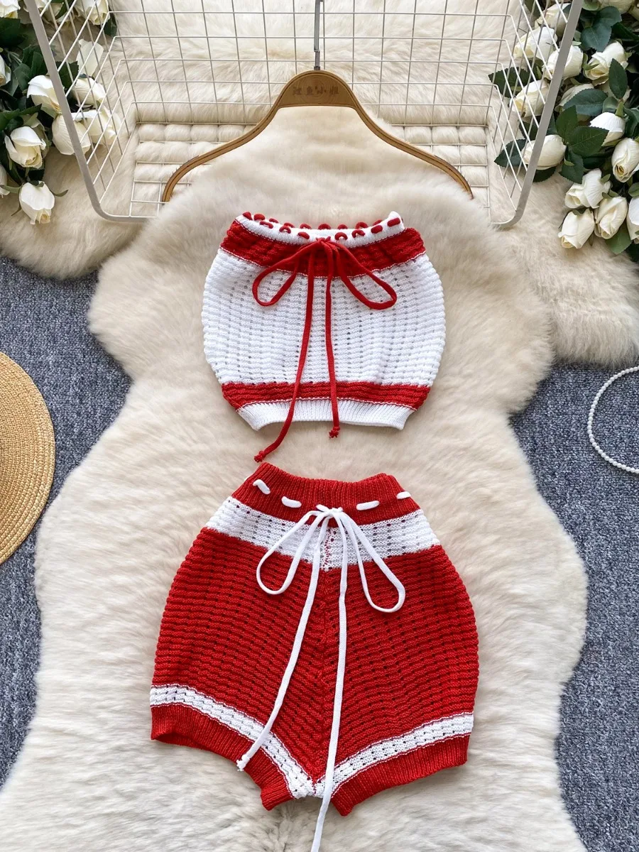 

Foamlina Beach Vacation Beachwear Set Women Summer Hot Girl's Colorblock Tie Up Sleeveless Bandeau Vest + Tight Knit Shorts Set