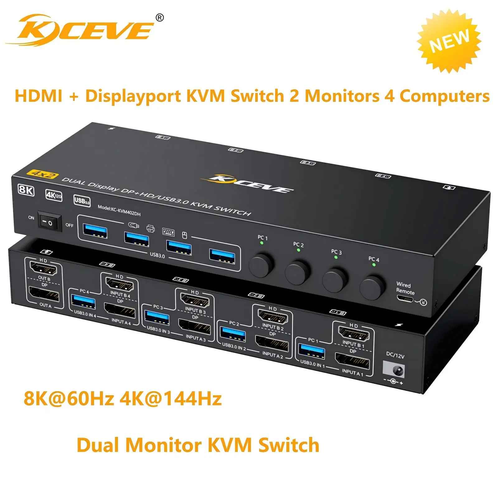 HDMI+Displayport KVM Switch 2 Monitors 4/3/2 Computers 8K@60Hz,Dual Monitor Switch with 4 USB3.0 Port for Keyboard Mouse Printer