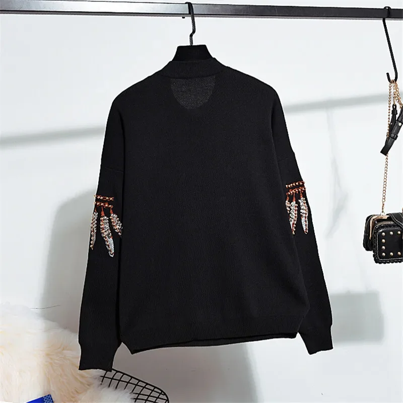 Beading Sequins Embroidery Eagle Knitted Tracksuits Women Outfits Black Gray Loose Pullover Sweater Long Pencil Pants Set Female