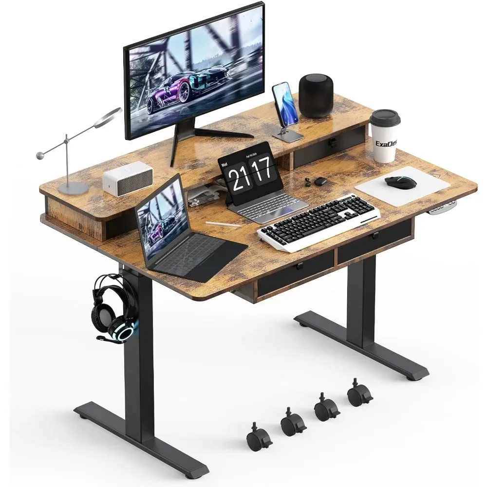 48 * 30 Inches Electric Standing Widened Desk Adjustable Height with 4 Drawers, Double Storage Shelves Stand Up Desk