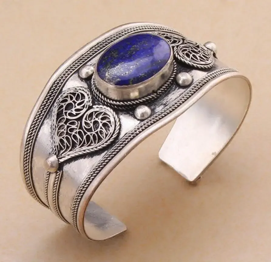 

Unisex Gift Vintage Lapis Lazuli Bead Cuff Bracelet Bangle Tibet Silver Heart