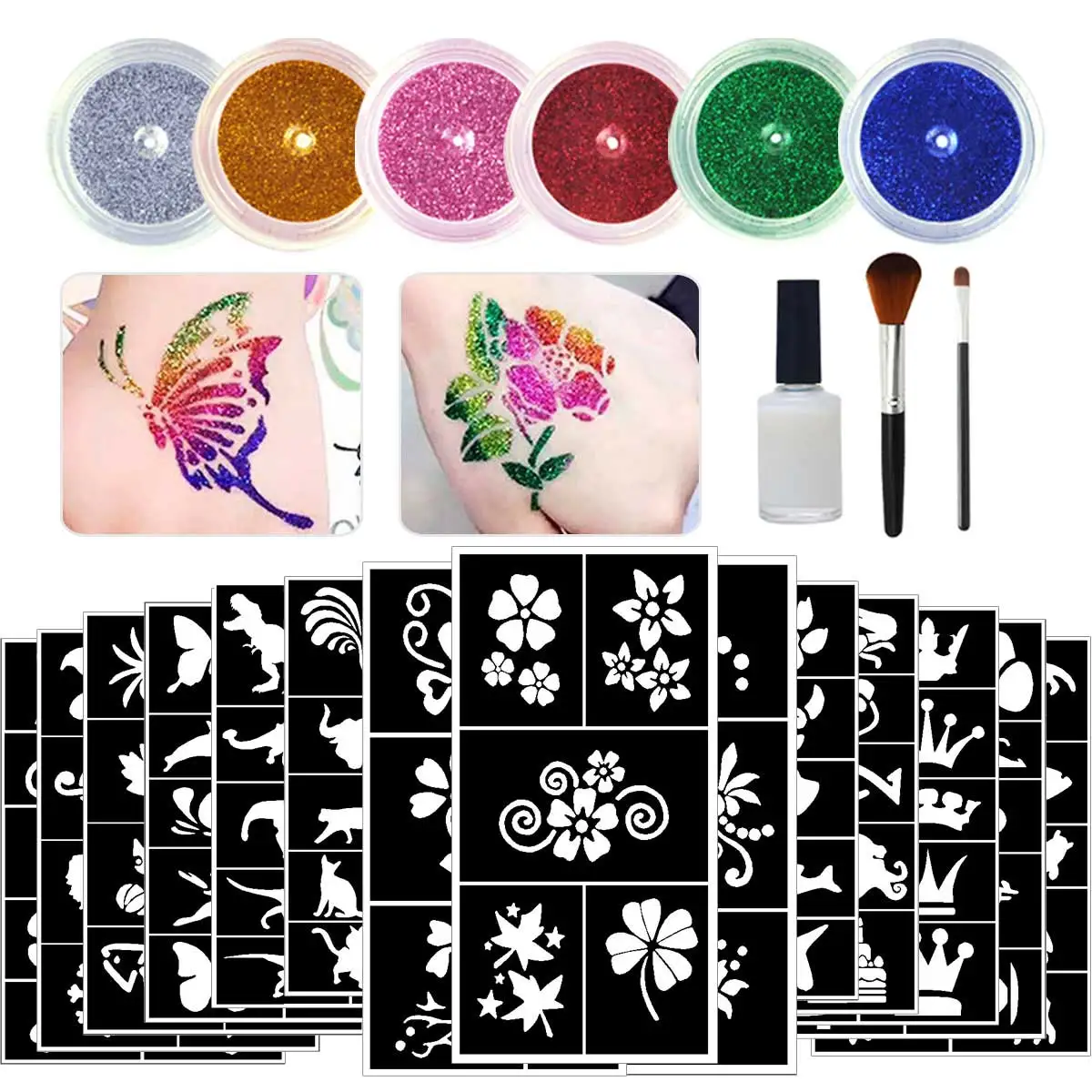 Juego de tatuajes con flash temporal, tatuajes con flash divertidos de 6 colores, adecuado para pintura corporal, viene con 14 plantillas únicas, patrones de plantilla y pincel de pegamento, fácil de aplicar y quitar, adecuado para graduación, ceremonia de apertura escolar, Halloween, Navidad, festival de música, boda, viajes, fiesta de maquillaje QlaZh