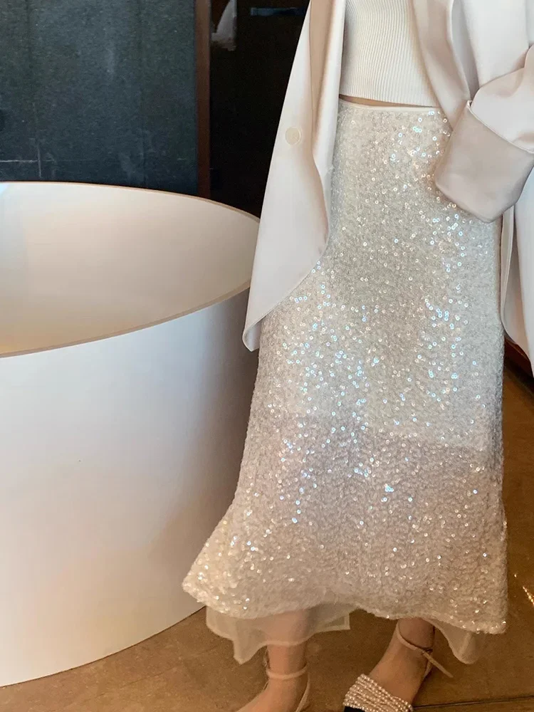 2024New Summer Glitter Sequin Design Skirts High Waist Tierred White Long Skirt y2k clothes high quality korean fashion clothing