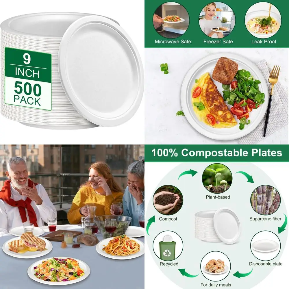 

Набор из 500 компостируемых тарелок из сахарного тростника, 9 дюймов, белые, особо прочные - Экологичная биоразлагаемая одноразовая посуда